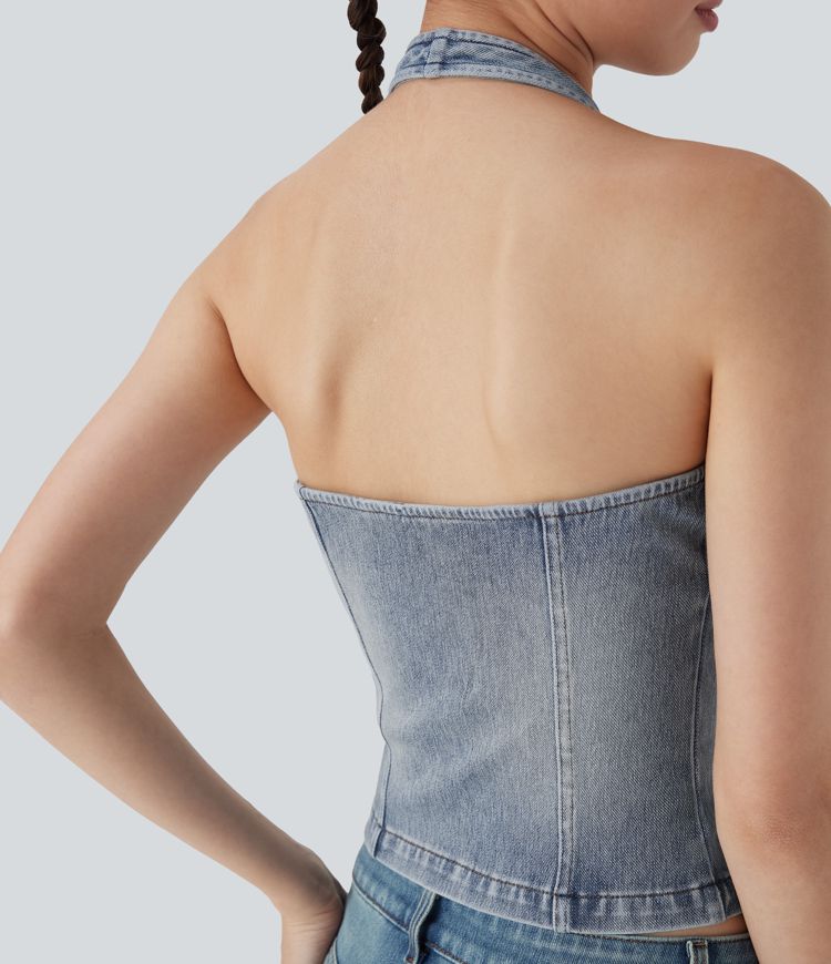 débardeur décontracté en denim délavé à fermeture éclair et dos nu halara flex