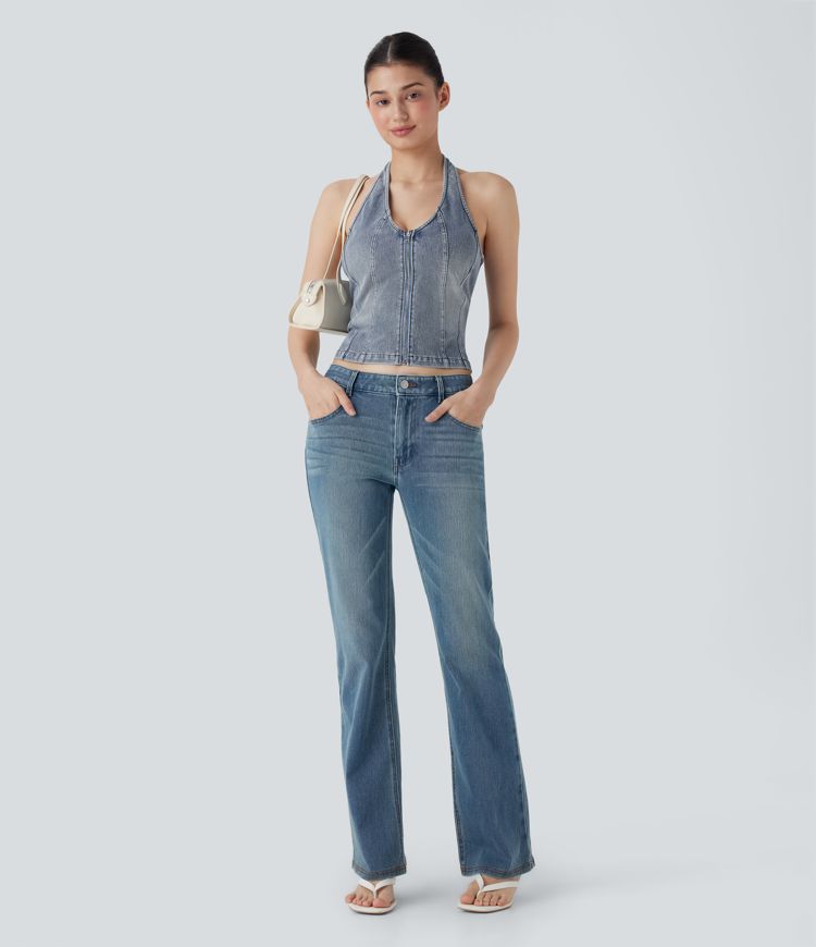 débardeur décontracté en denim délavé à fermeture éclair et dos nu halara flex