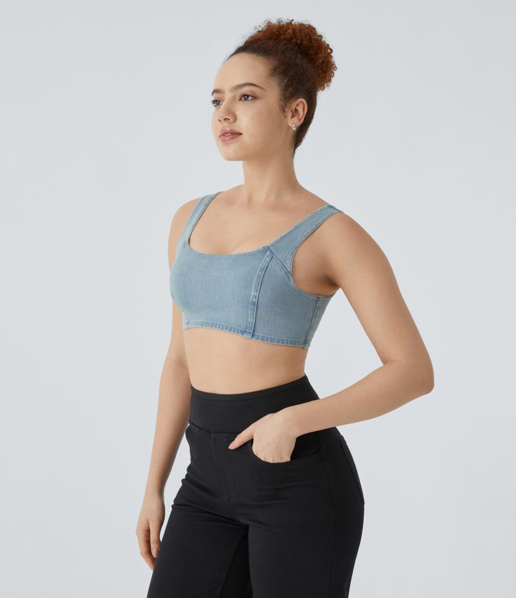 débardeur court décontracté en denim à col en u halara flex