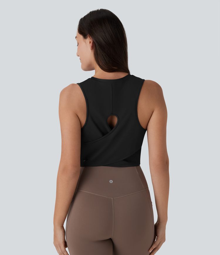 débardeur de yoga court uni à ourlet croisé et découpe