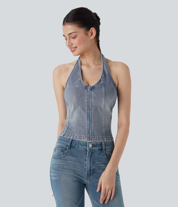 débardeur décontracté en denim délavé à fermeture éclair et dos nu halara flex