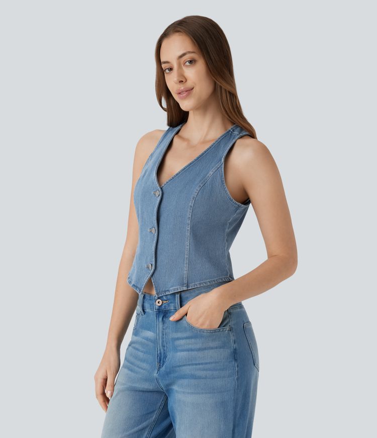 gilet décontracté en denim délavé à col en v halara flex