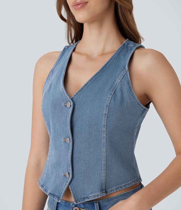 gilet décontracté en denim délavé à col en v halara flex