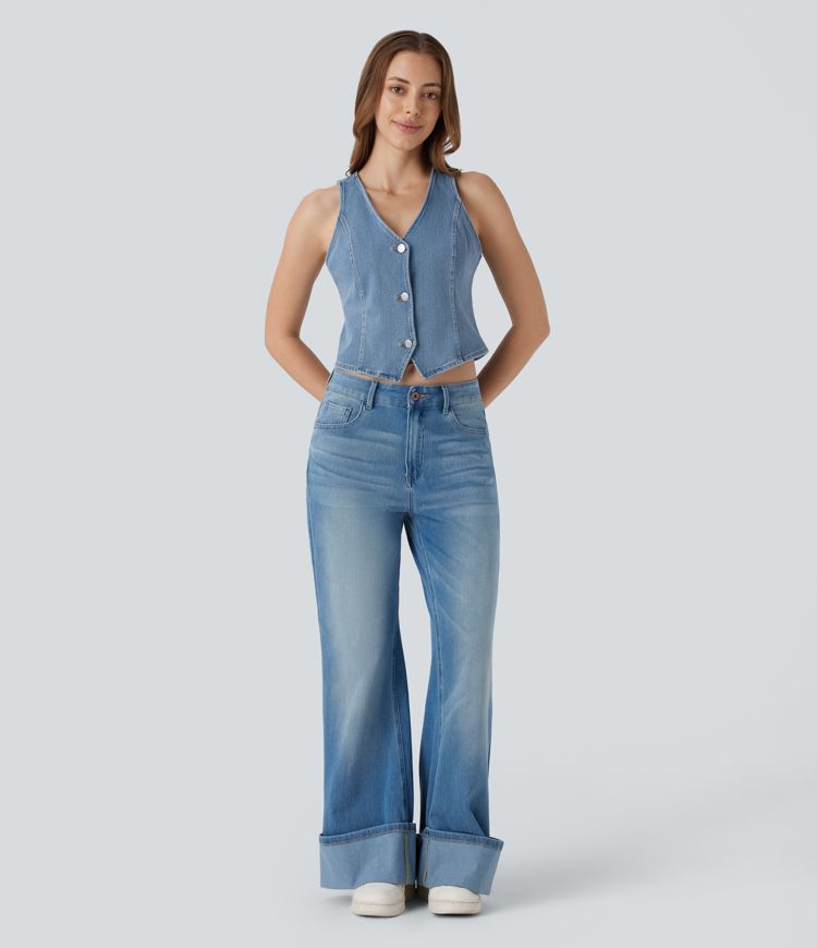 gilet décontracté en denim délavé à col en v halara flex