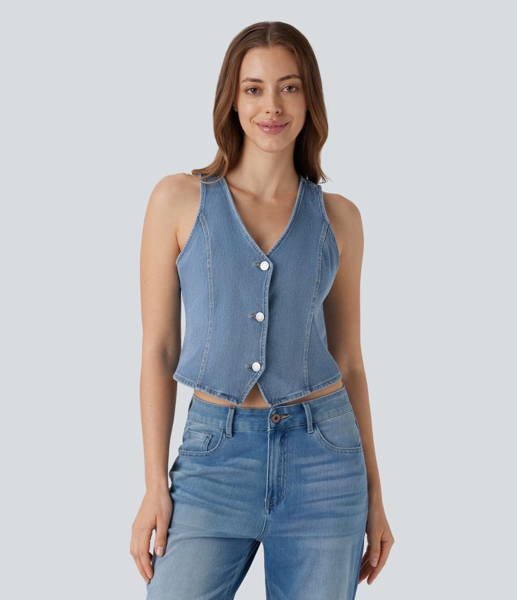gilet décontracté en denim délavé à col en v halara flex