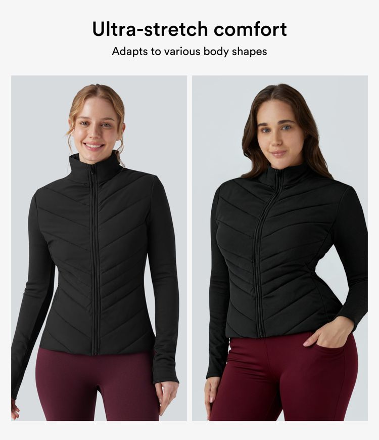 veste de course matelassée à col montant fermeture éclair et manches longues avec poches