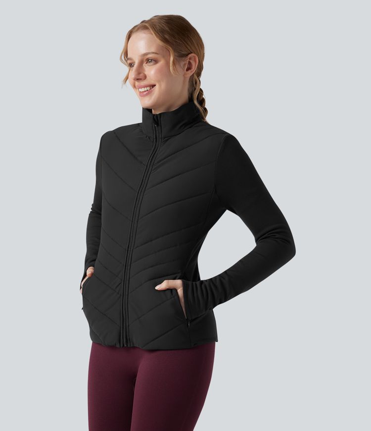 veste de course matelassée à col montant fermeture éclair et manches longues avec poches