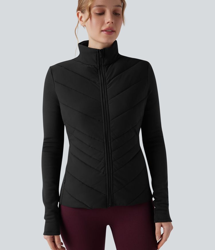 veste de course matelassée à col montant fermeture éclair et manches longues avec poches