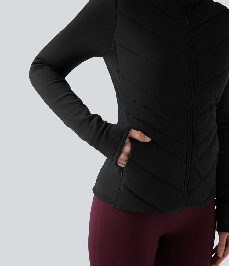 veste de course matelassée à col montant fermeture éclair et manches longues avec poches