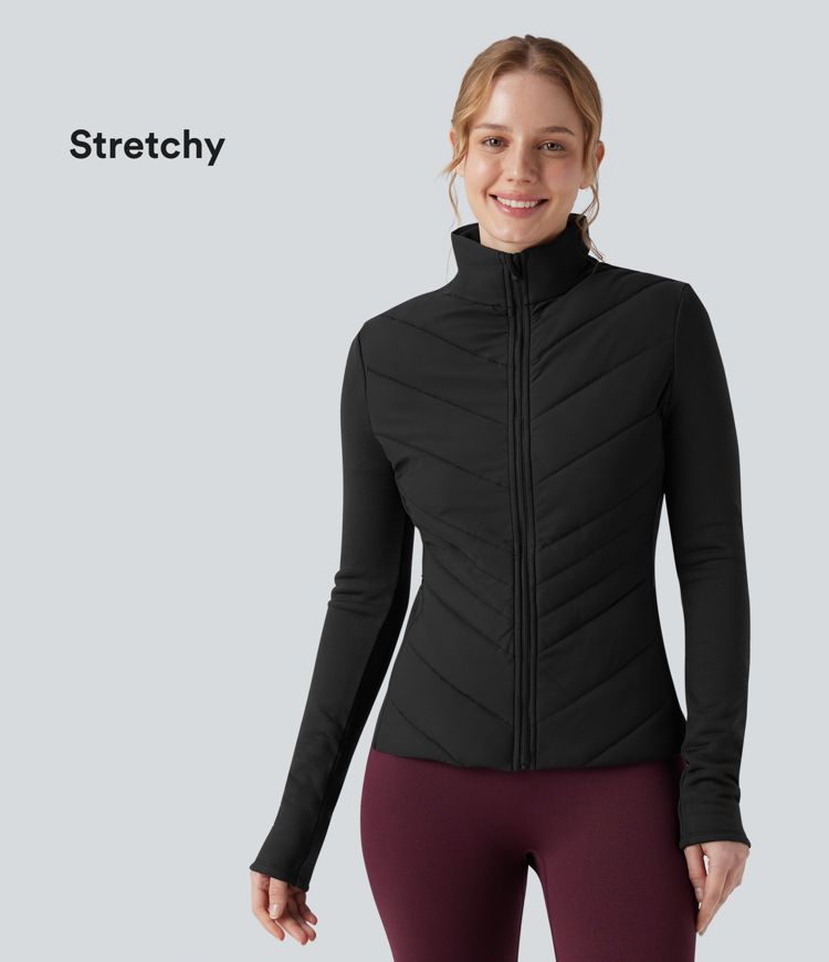 veste de course matelassée à col montant fermeture éclair et manches longues avec poches