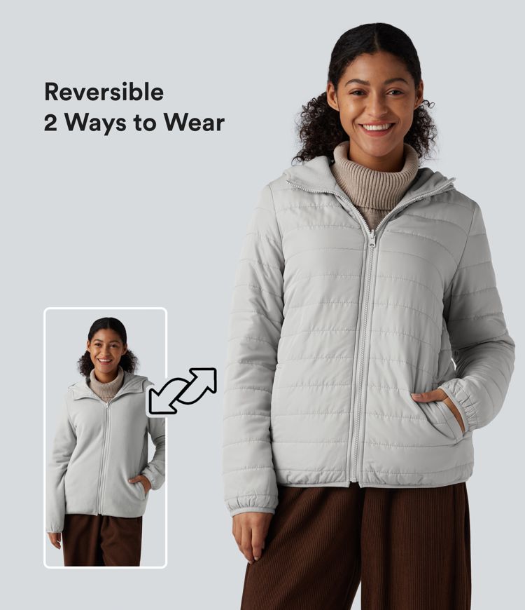 veste polaire matelassée décontractée à capuche réversible manches longues fermeture éclair et poches deux looks en un