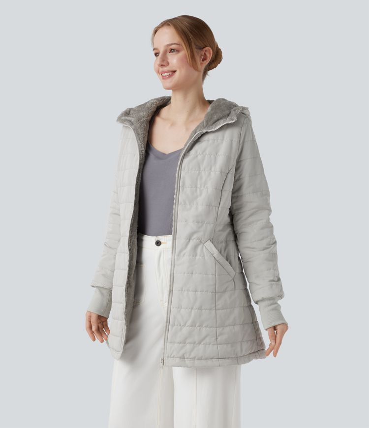 veste décontractée à capuche zippée manches longues en fausse fourrure sherpa avec poches