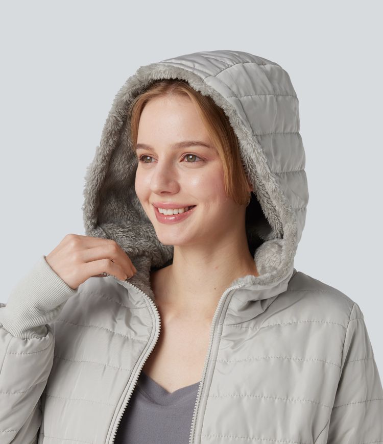 veste décontractée à capuche zippée manches longues en fausse fourrure sherpa avec poches