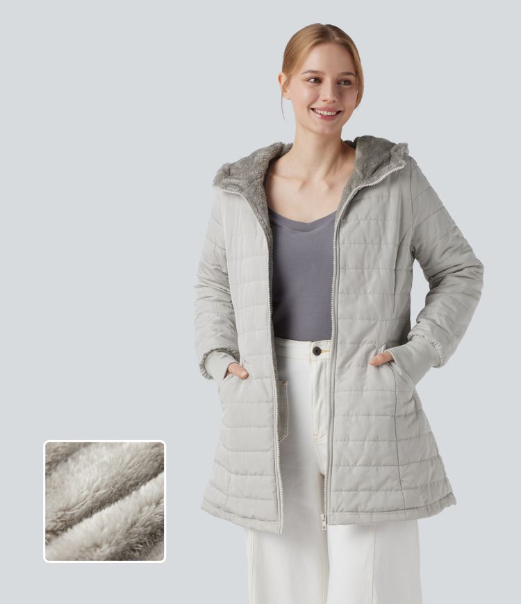 veste décontractée à capuche zippée manches longues en fausse fourrure sherpa avec poches