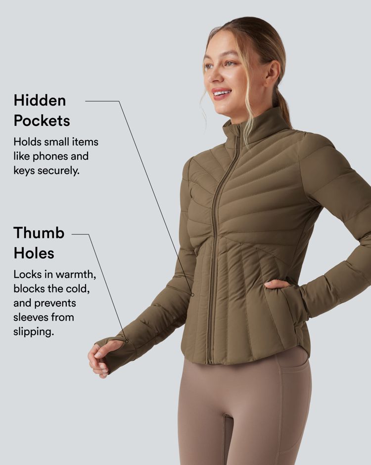 veste de sport rembourrée et extensible puffflex à col montant et passe-pouces avec poches