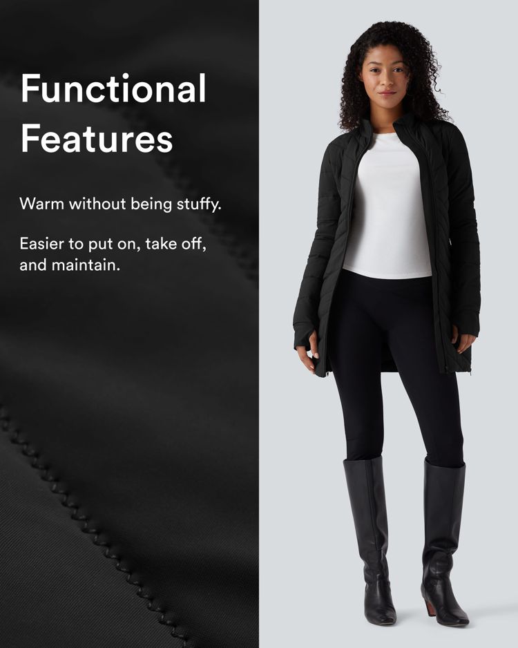 veste matelassée décontractée puffflex à col montant manches longues passe-pouces ourlet zippé et coupe slim extensible avec poches