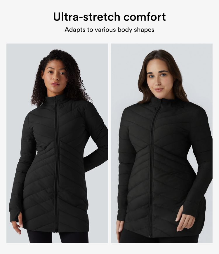 veste matelassée décontractée puffflex à col montant manches longues passe-pouces ourlet zippé et coupe slim extensible avec poches
