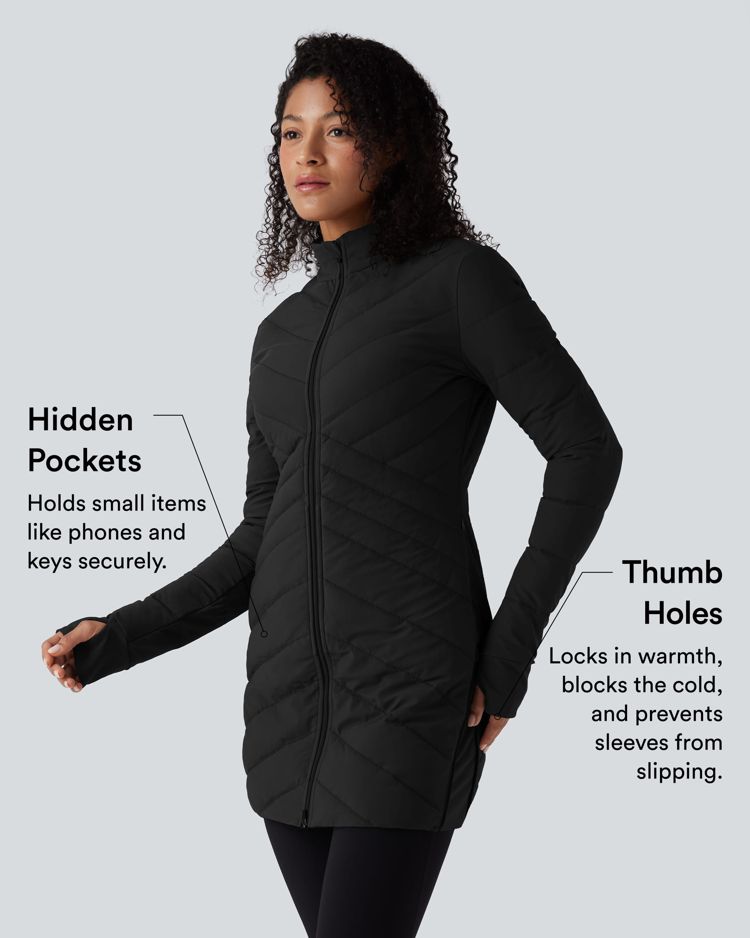 veste matelassée décontractée puffflex à col montant manches longues passe-pouces ourlet zippé et coupe slim extensible avec poches