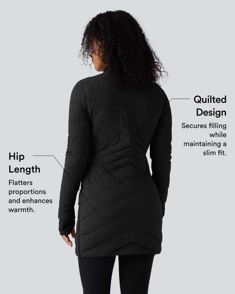 veste matelassée décontractée puffflex à col montant manches longues passe-pouces ourlet zippé et coupe slim extensible avec poches