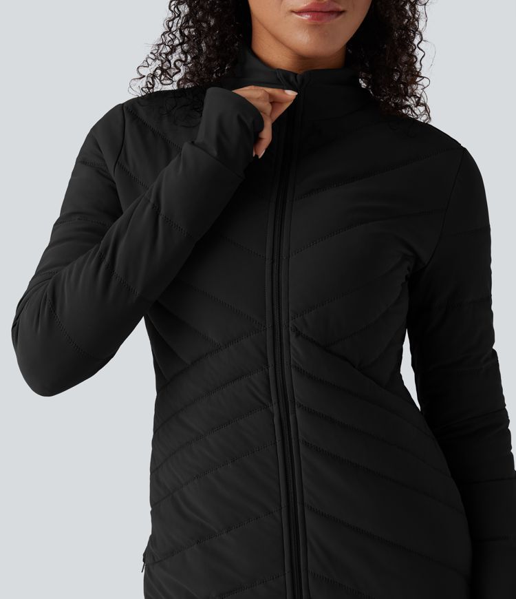veste matelassée décontractée puffflex à col montant manches longues passe-pouces ourlet zippé et coupe slim extensible avec poches