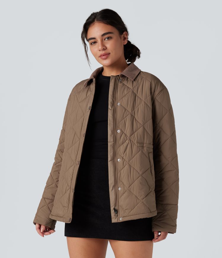 veste de travail décontractée en velours côtelé contrasté résistante à leau et dotée de poches et dun cordon de serrage.