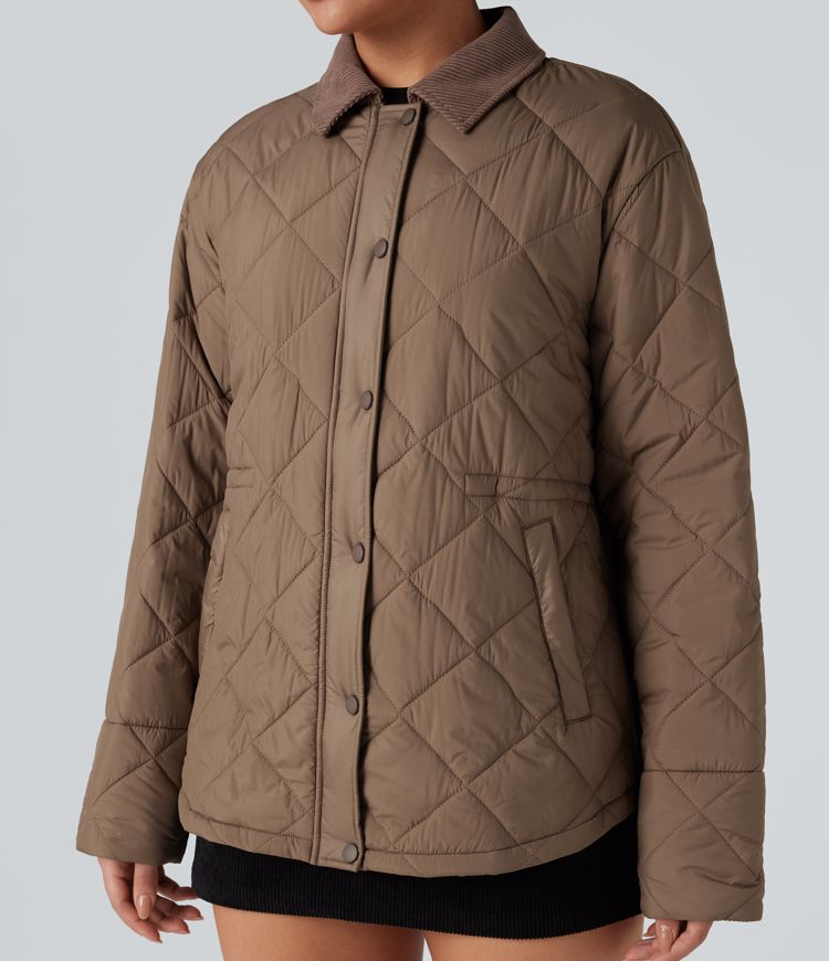 veste de travail décontractée en velours côtelé contrasté résistante à leau et dotée de poches et dun cordon de serrage.