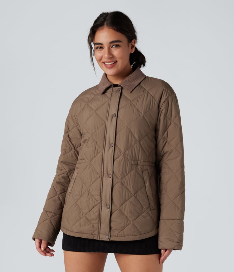 veste de travail décontractée en velours côtelé contrasté résistante à leau et dotée de poches et dun cordon de serrage.