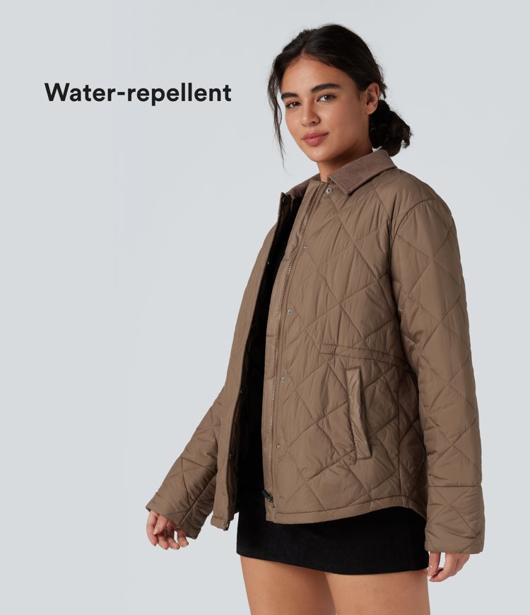 veste de travail décontractée en velours côtelé contrasté résistante à leau et dotée de poches et dun cordon de serrage.